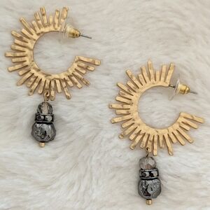 Chico's Brushed Gold & Hematite Sunburst Hoop Statement Earrings